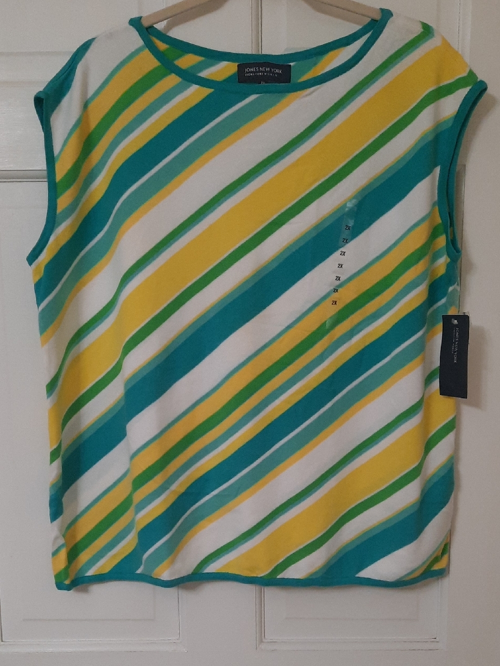 Jones New York Teal, Yellow & White Diagonal Stripe Sleeveless Tank